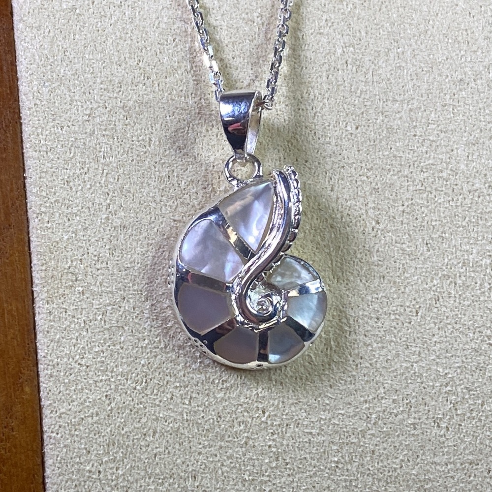 Beautiful Sterling Silver And Mother Of Pearl Seashell Pendant W/20”Box Chain